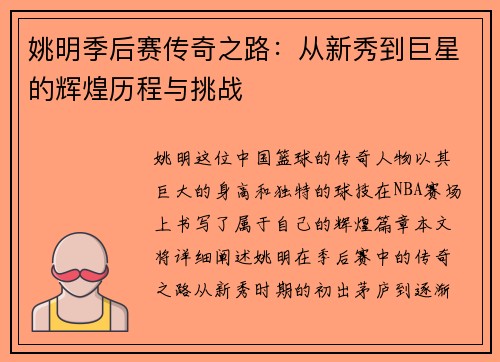 姚明季后赛传奇之路：从新秀到巨星的辉煌历程与挑战